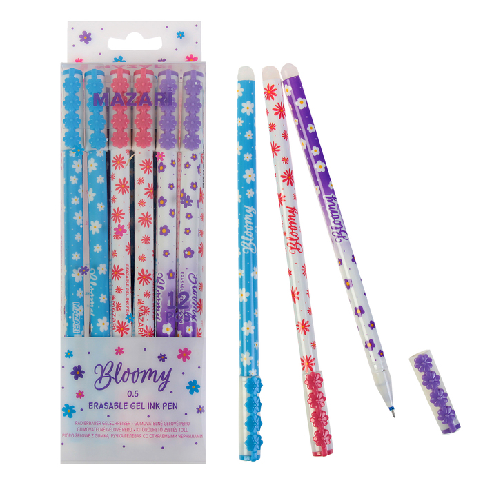 Ручка "пиши-стирай" гелевая Bloomy, узел 0.5 мм, чернила синие, со стираемыми чернилами, игольчатый пишущий узел