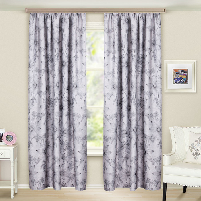 Шторы портьерные "Ромашки" блэкаут 135х260 (2шт), 200 гр/м2, полиэстер 100%,  серый