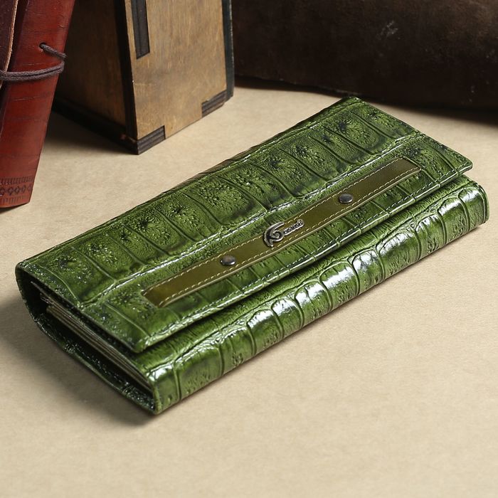 Кошелёк женский, 2 отдела рамка, 3 отдела, для карт, на клапане, наружный карман, цвет зелёный