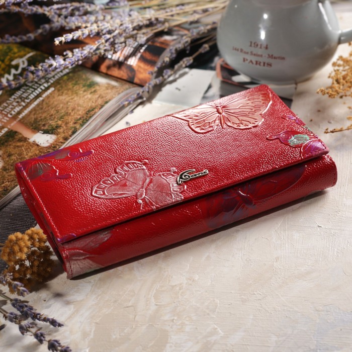 Кошелёк женский, 3 отдела, для монет, для карт, наружный карман, цвет красный