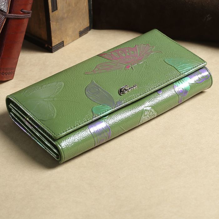 Кошелёк женский, 3 отдела, для монет, для карт, наружный карман, цвет зелёный