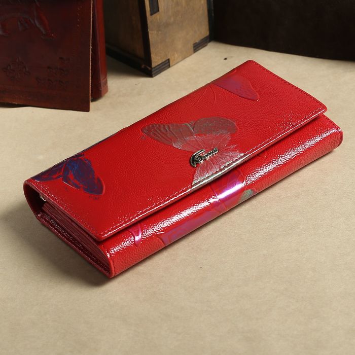 Кошелёк женский, 2 отдела рамка, 3 отдела, для карт, на клапане, наружный карман, цвет красный