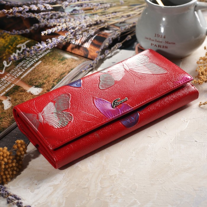 Кошелёк женский, 7 отделов, для карт, для монет, наружный карман, цвет красный