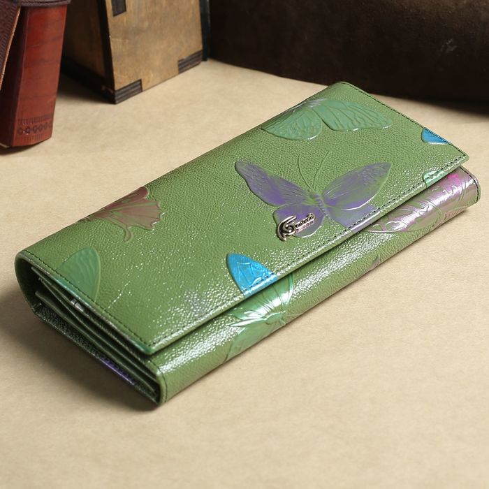 Кошелёк женский, 7 отделов, для карт, для монет, наружный карман, цвет зелёный