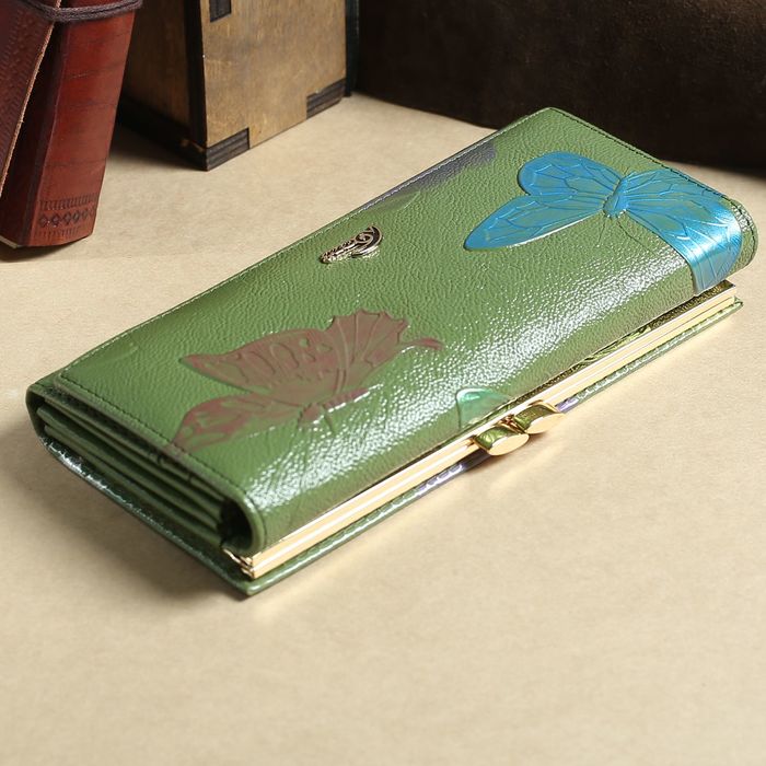 Кошелёк женский, 2 отдела рамка, 3 отдела, для карт, на клапане, цвет зелёный