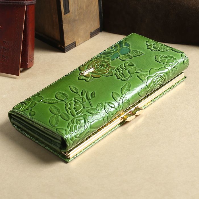 Кошелёк женский, 2 отдела рамка, 3 отдела, для карт, на клапане, цвет зелёный