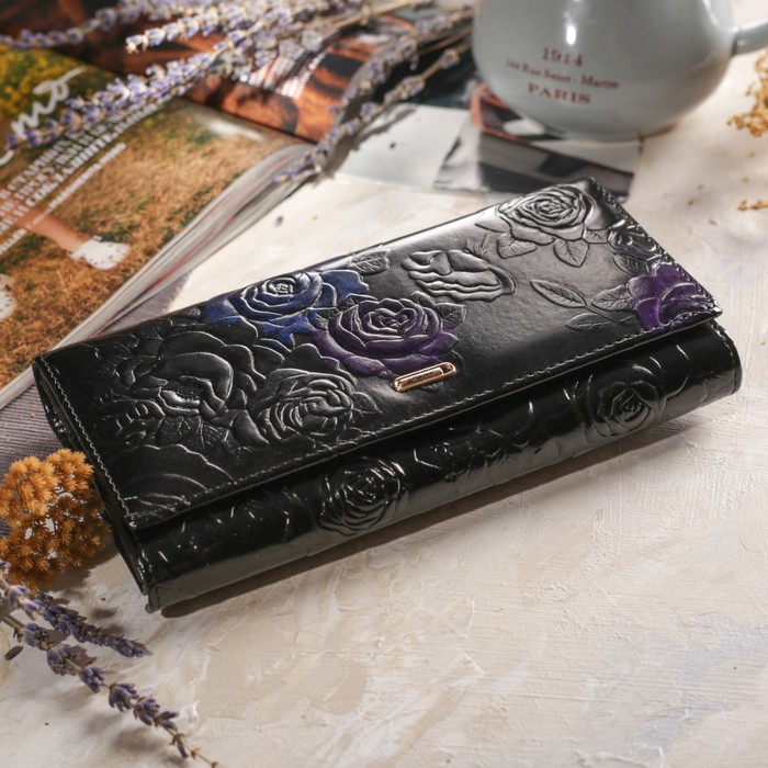 Кошелёк женский, 3 отдела, для монет, для карт, наружный карман, цвет чёрный