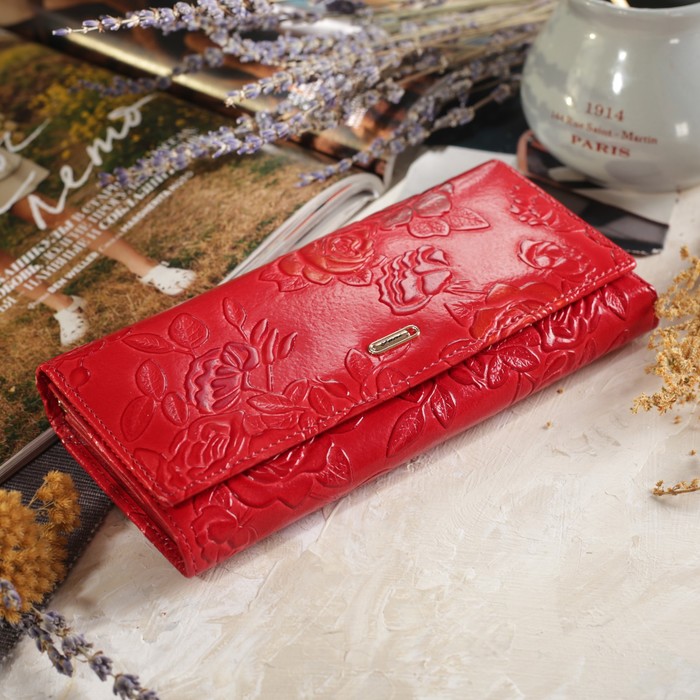 Кошелёк женский, 2 отдела рамка, 3 отдела, для карт, на клапане, наружный карман, цвет красный