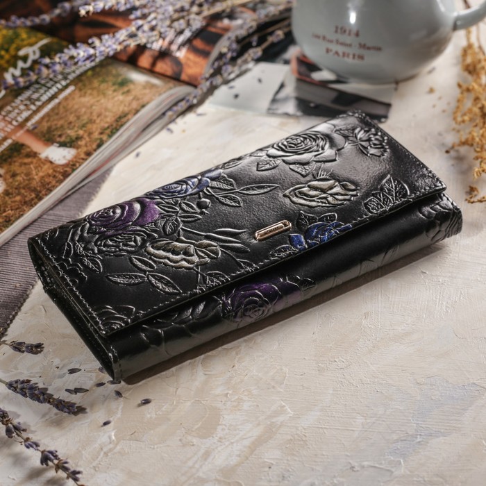 Кошелёк женский, 2 отдела рамка, 3 отдела, для карт, на клапане, наружный карман, цвет чёрный