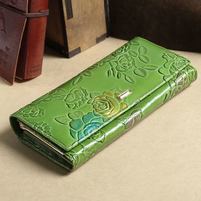 Кошелёк женский, 2 отдела рамка, 3 отдела, для карт, на клапане, наружный карман, цвет зелёный