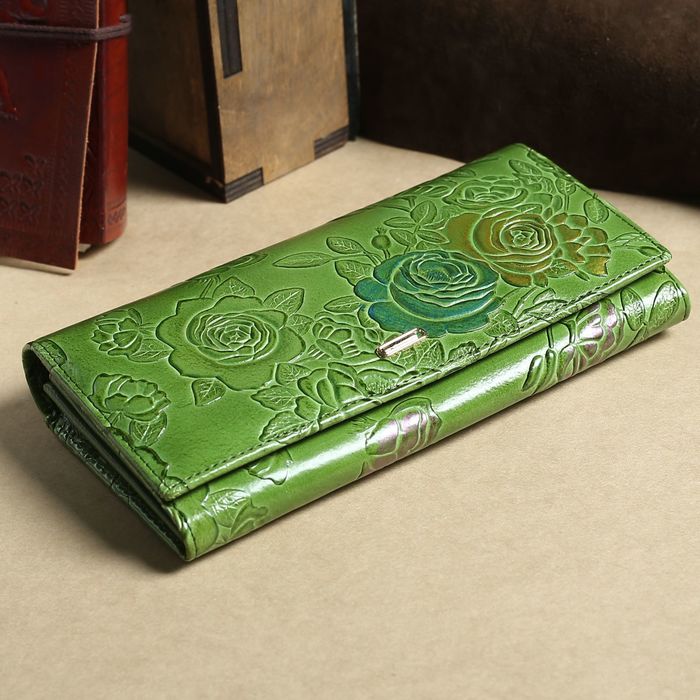Кошелёк женский, 7 отделов, для карт, для монет, наружный карман, цвет зелёный