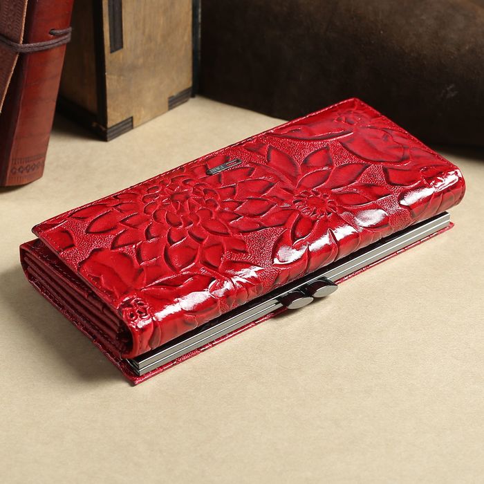 Кошелёк женский, 2 отдела рамка, 3 отдела, для карт, на клапане, цвет красный