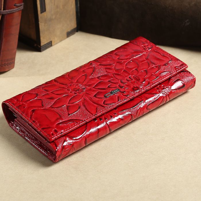 Кошелёк женский, 2 отдела рамка, 3 отдела, для карт, на клапане, наружный карман, цвет красный