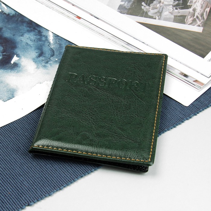 Обложка для паспорта, загран, прошитый, цвет тёмно-зелёный