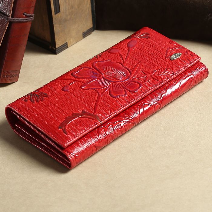 Кошелёк женский, 2 отдела рамка, 3 отдела, для карт, на клапане, наружный карман, цвет красный