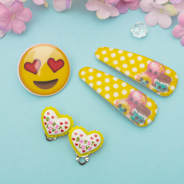 Набор детский "Выбражулька" 4 предмета: 2 заколки, клипсы, брошь, сладости, цвет МИКС