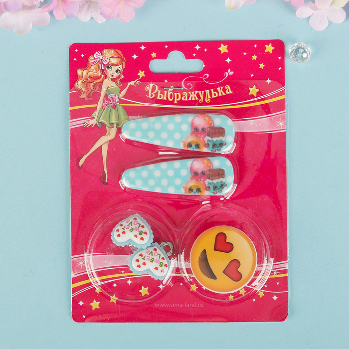 Набор детский "Выбражулька" 4 предмета: 2 заколки, клипсы, брошь, сладости, цвет МИКС