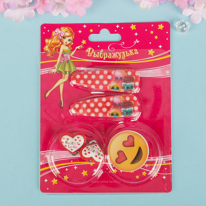 Набор детский "Выбражулька" 4 предмета: 2 заколки, клипсы, брошь, сладости, цвет МИКС