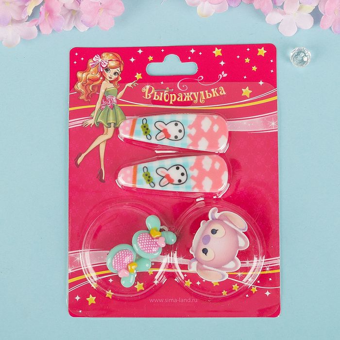 Набор детский "Выбражулька" 4 предмета: 2 заколки, клипсы, брошь, зверюшки, цвет МИКС