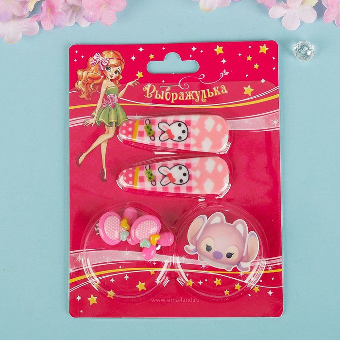 Набор детский "Выбражулька" 4 предмета: 2 заколки, клипсы, брошь, зверюшки, цвет МИКС