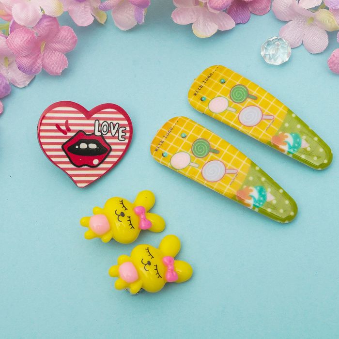 Набор детский "Выбражулька" 4 предмета: 2 заколки, клипсы, брошь, зайцы, цвет МИКС