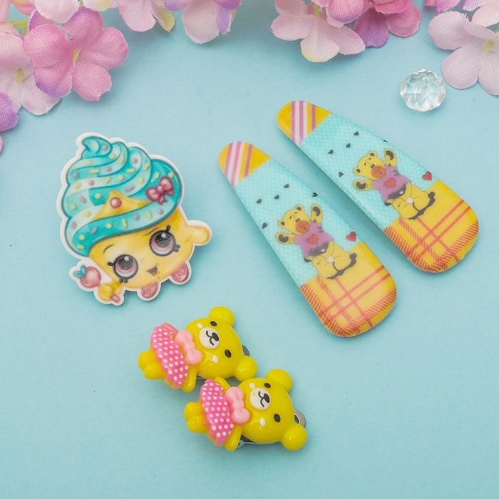 Набор детский "Выбражулька" 4 предмета: 2 заколки, клипсы, брошь, мишки, цвет МИКС