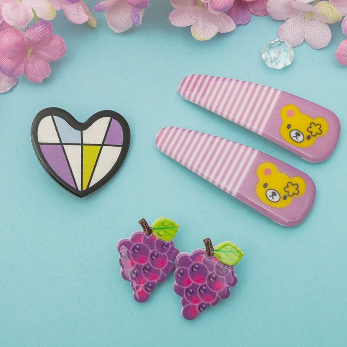 Набор детский "Выбражулька" 4 предмета: 2 заколки, клипсы, брошь, виноград, цвет МИКС