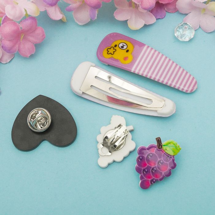 Набор детский "Выбражулька" 4 предмета: 2 заколки, клипсы, брошь, виноград, цвет МИКС