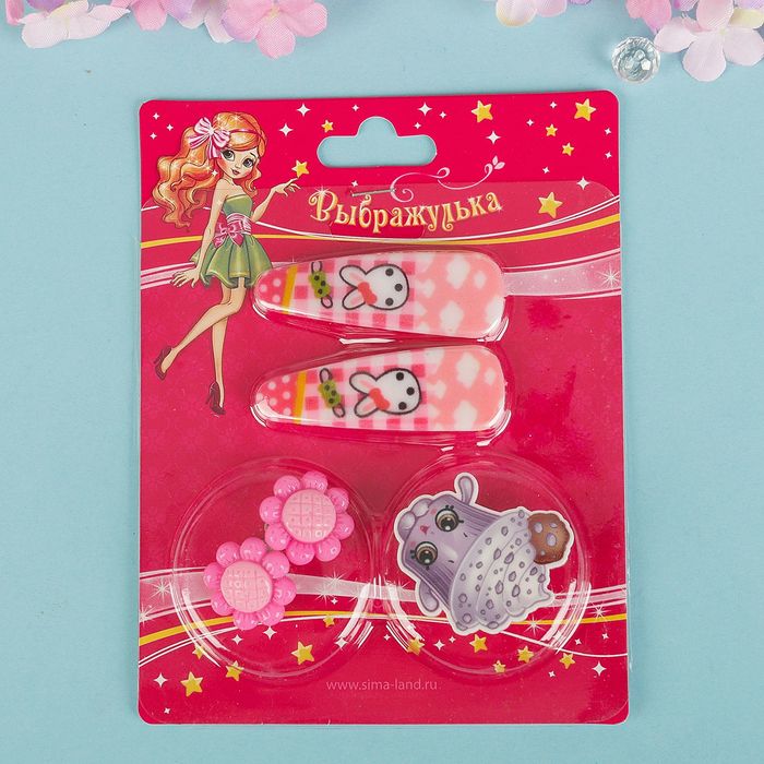 Набор детский "Выбражулька" 4 предмета: 2 заколки, клипсы, брошь, кексик, цвет МИКС
