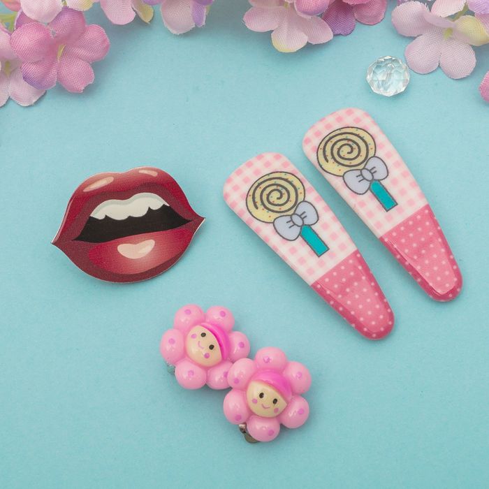 Набор детский "Выбражулька" 4 предмета: 2 заколки, клипсы, брошь, цветочки-девочки, цвет МИКС
