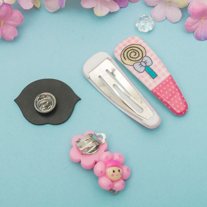 Набор детский "Выбражулька" 4 предмета: 2 заколки, клипсы, брошь, цветочки-девочки, цвет МИКС
