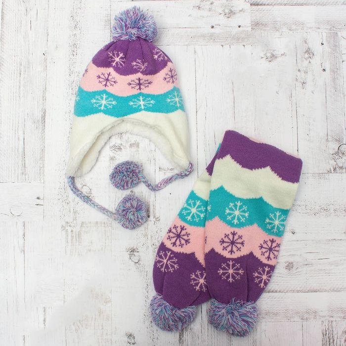 Комплект утеплённый для девочки "Снежинки" (шапка, шарф), р-р 50, цв.розовый/фиолетовый