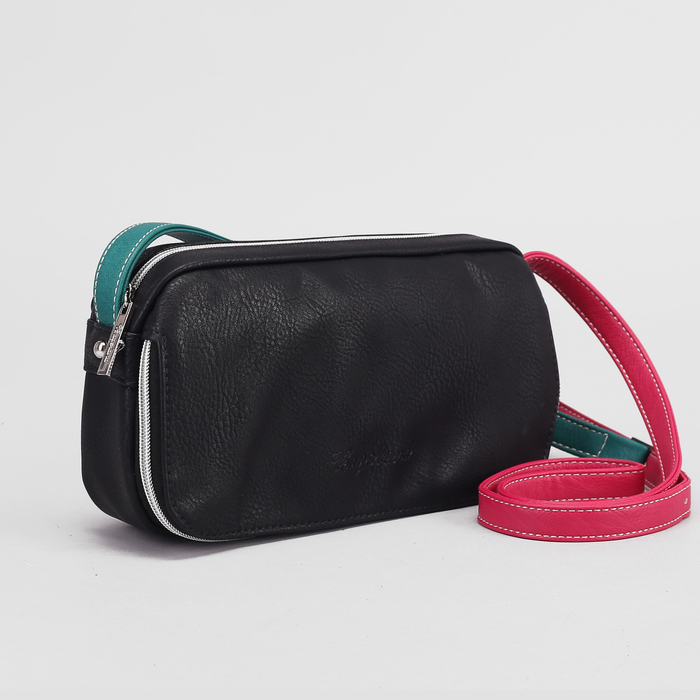 Сумка женская, 1 отдел на молнии, 2 наружных кармана, регулируемый ремень, цвет чёрный/розовый/бирюзовый