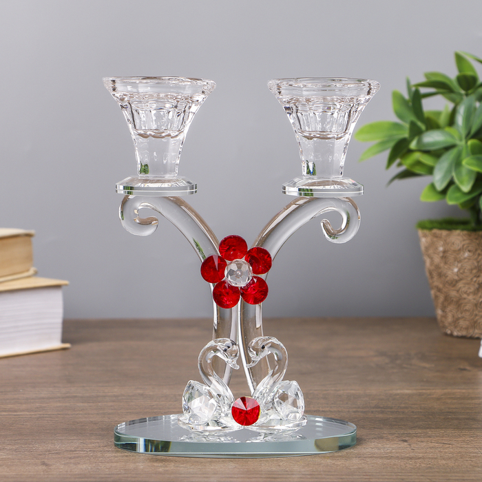 Подсвечник стекло на 2 свечи "Лебеди в пруду" 16х12х8,3 см