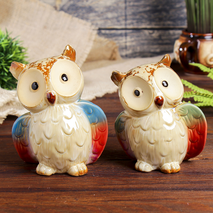 Сувенир керамика "Две совушки" набор 2 шт 13,3х10,5х6,5 12х10х6 см
