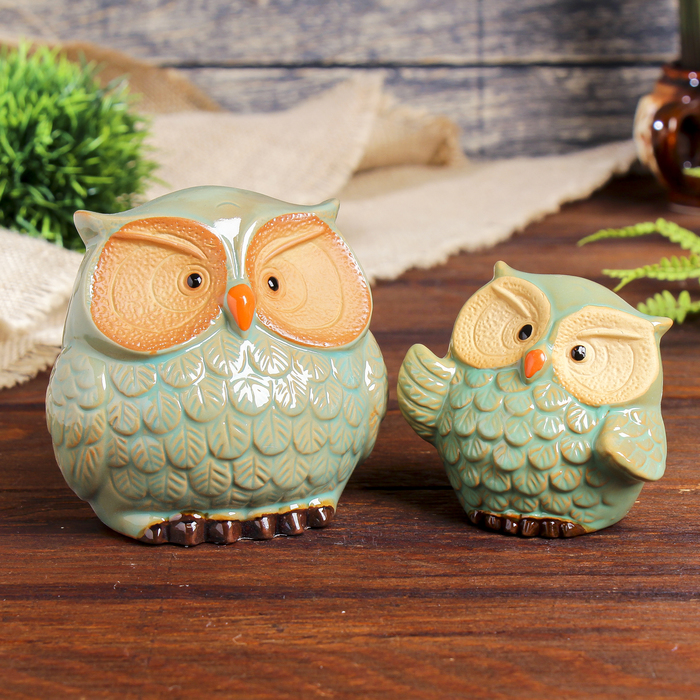 Сувенир керамика "Мультяшные совята" набор 2 шт 10х10,5х6,5 8,5х8,5х4,5 см