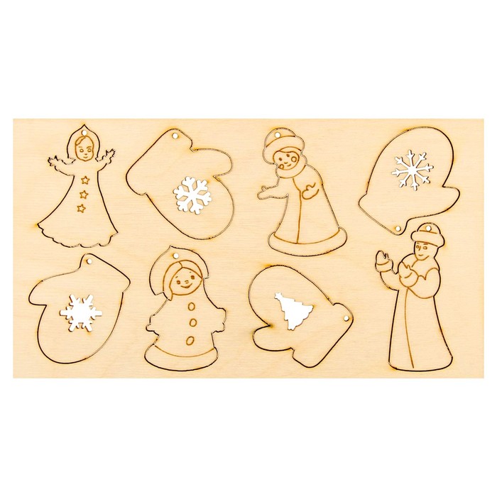 Деревянные подвески "Снегурочки и варежки" на планшетке, 8 шт.