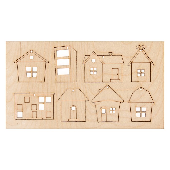 Деревянные подвески "Домики" на планшетке, 8 шт.