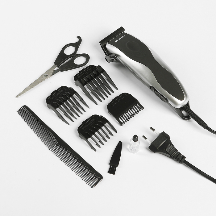 Машинка для стрижки DELTA DL-4012, 10 Вт, лезвия из нерж. ст., 4 насадки, серебрянная