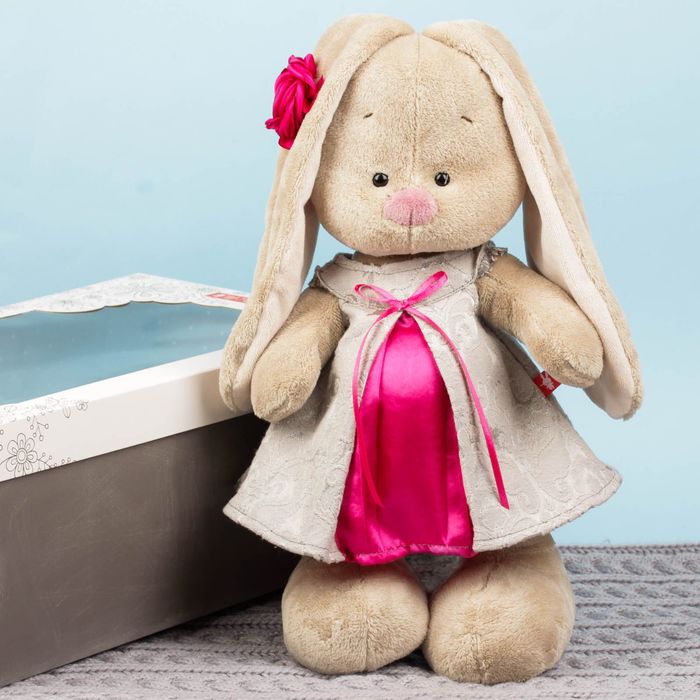 Мягкая игрушка "Зайка Ми" в сером платье из жаккарда, 32 см