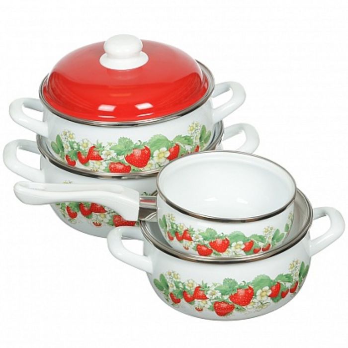 Набор посуды 7 предметов (2,5л, 3,35л, 4,5л+ковш 1,3л в подарок), с металлическими крышками Клубника