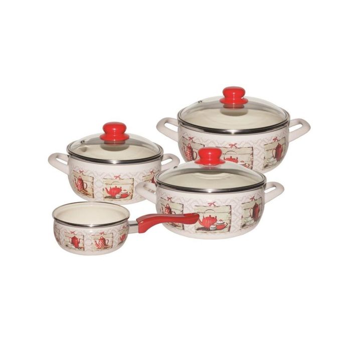 Набор посуды 7 предметов (2,5л, 3,35л, 4,5л, ковш 1,3л), со стеклянными крышками Кофейная кантата