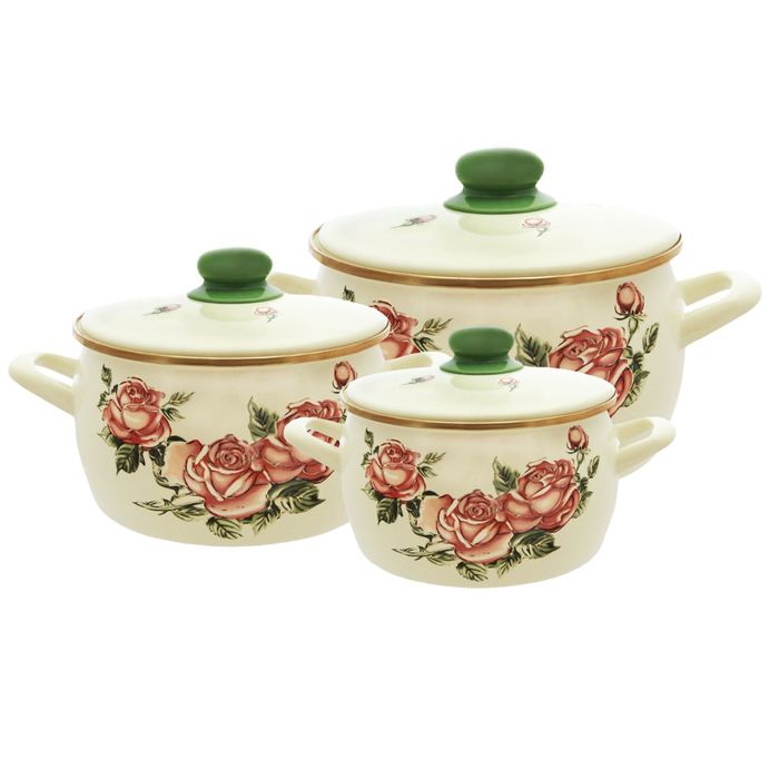 Набор посуды 6 предметов (кастрюли 2,2 л, 4,0л, 5,3 л с металлическими крышками) Роза