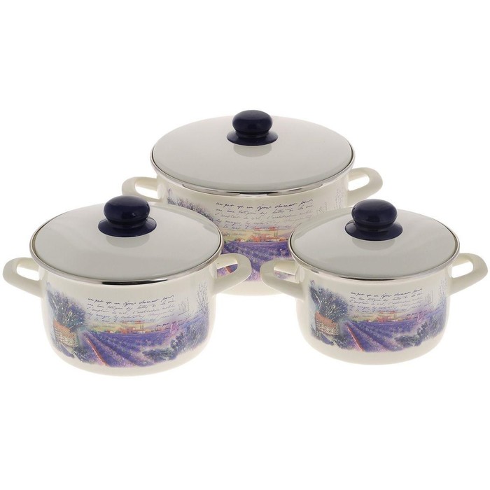 Набор посуды 6 предметов (кастрюли 2,0 л, 3,0л, 5,0 л с металлическими крышками) Лаванда