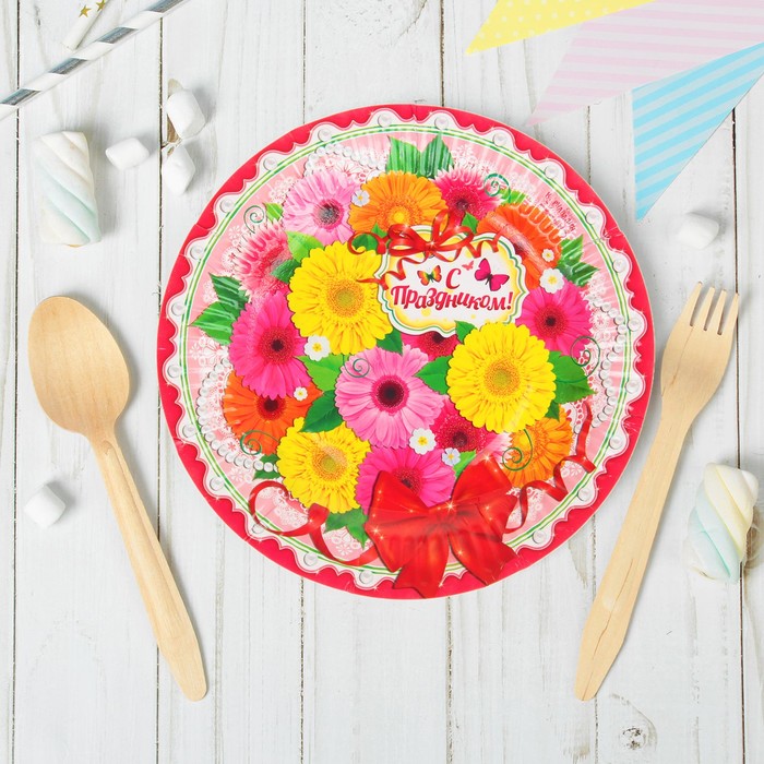 Набор бумажных тарелок "С Праздником!" цветочки (6 шт.)