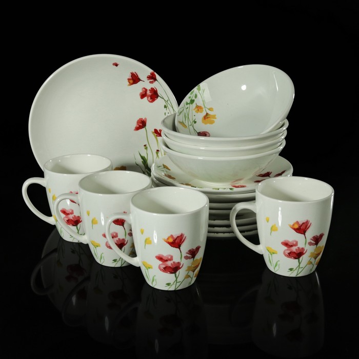 Набор посуды "Соната. Лютики", 16 предметов: кружки 370 мл, тарелки 19/22 см, салатники 500 мл