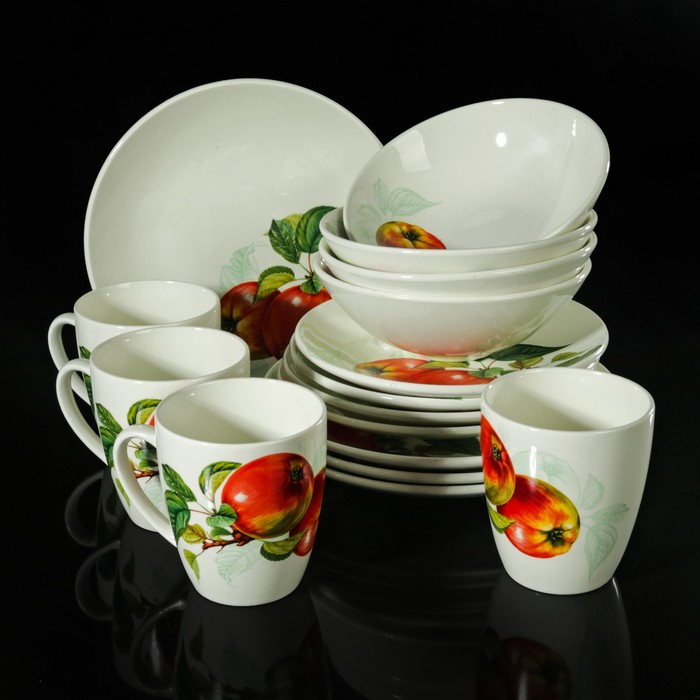 Набор посуды "Соната. Яблоки", 16 предметов: 4 кружки 370 мл, 4 тарелки 22 см, 4 тарелки 19 см, 4 салатника 500 мл