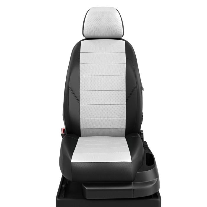 Авточехлы для BMW X1 (E-84) с 2010-н.в. джип Задняя спинка 3-секции, сидедине единое, 2 надкрыльника, 4 подголовника, 1 встроенный, экокожа, бело-чёрная