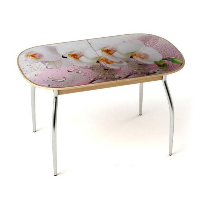 Обеденный стол ГОЛД раздвижной, стекло, механизм вставка "бабочка", подстолье ясень коимбра, орхидея