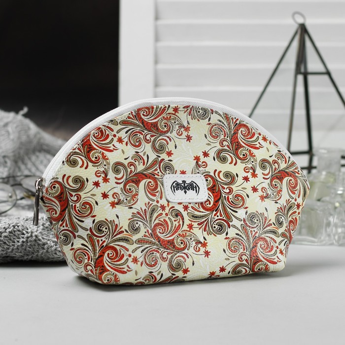Косметичка простая, 1 отдел на молнии, цвет белый/красный узоры